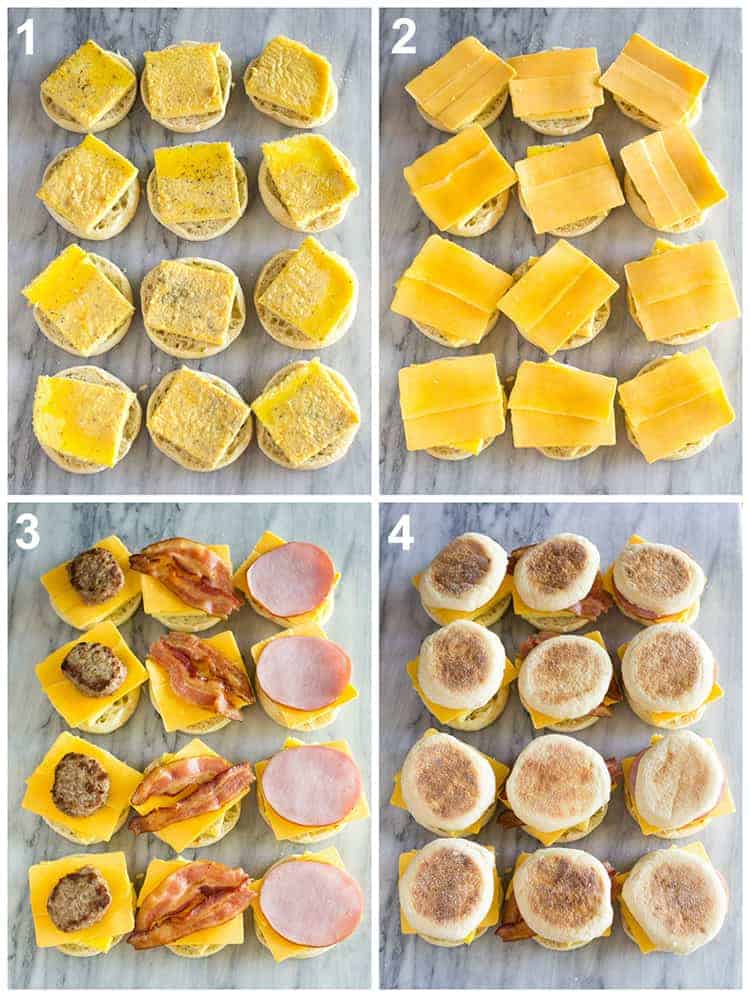 Assembly process photos for freezer breakfast sandwiches starting with egg on an english muffin, topped with cheese, meat and the top english muffin.
