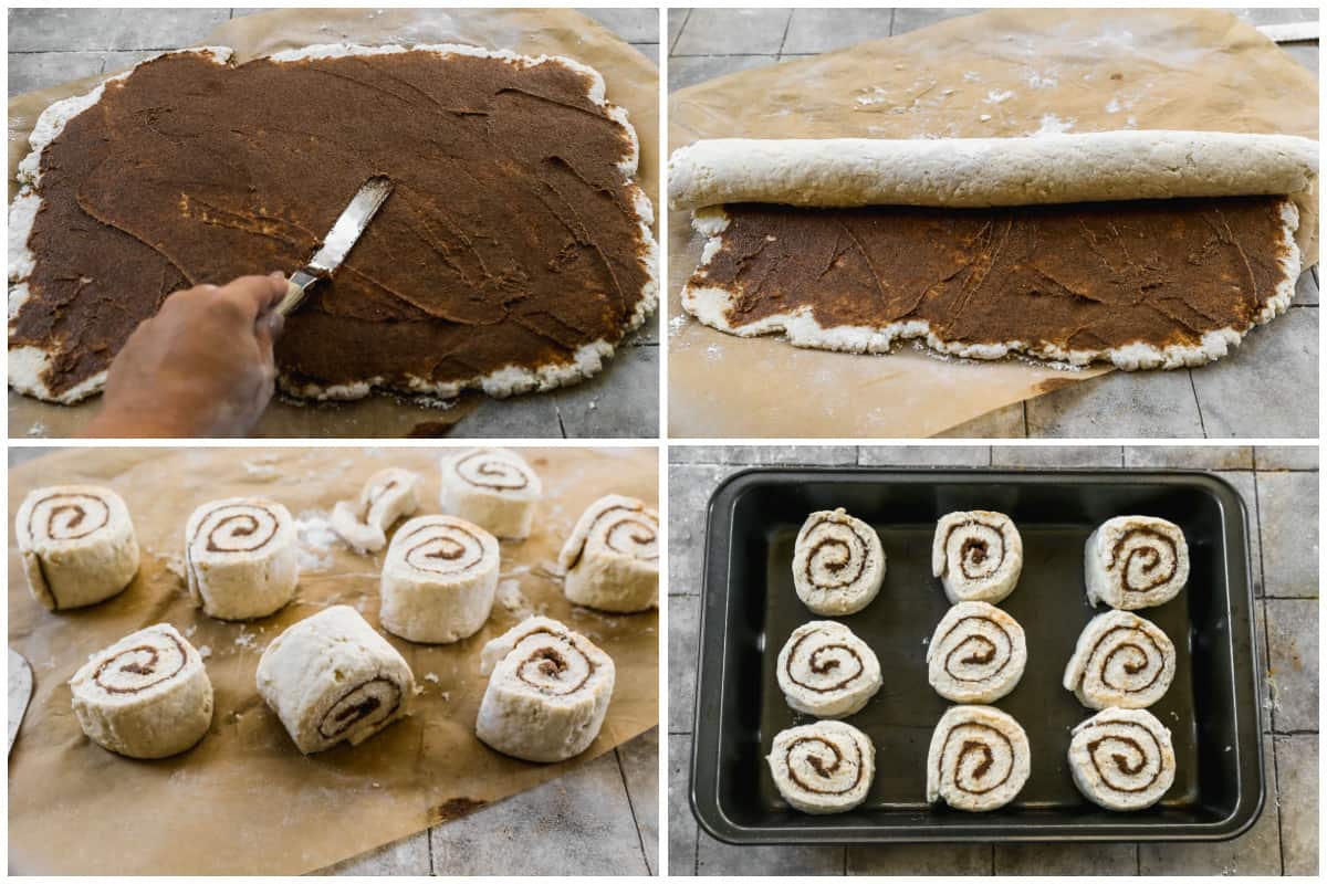 Four images showing the process of making a Cinnamon Roll Biscuit recipe including: spreading the filling, rolling the dough, and slicing into equal pieces.