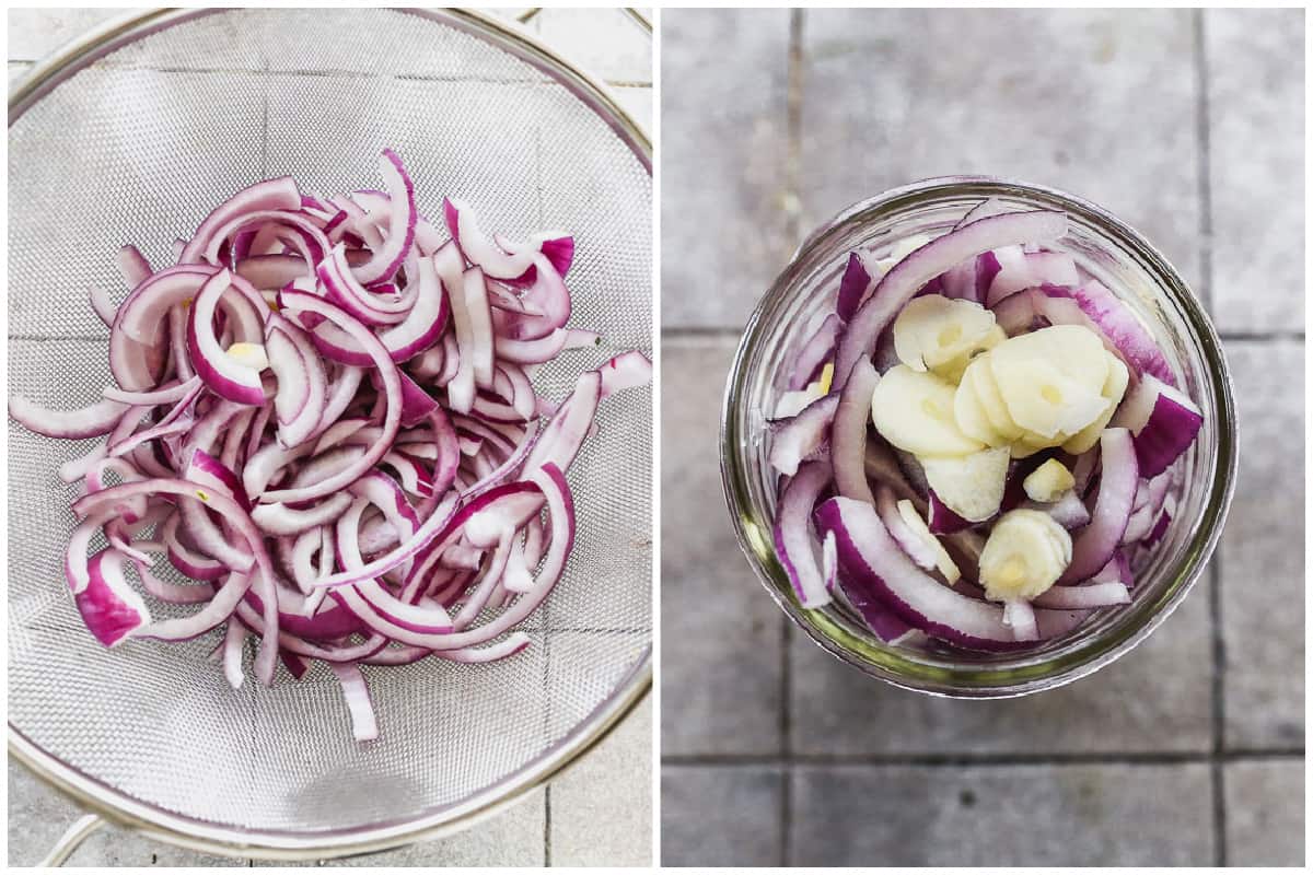 Two images showing sliced red onions rinsed in a colander, then added to a mason jar with garlic. 