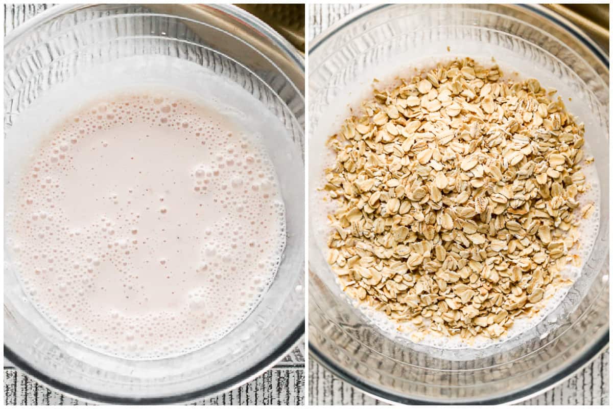 Two images showing how to make strawberry overnight oats by combining the milk and yogurt, then adding the oats and chia seeds.